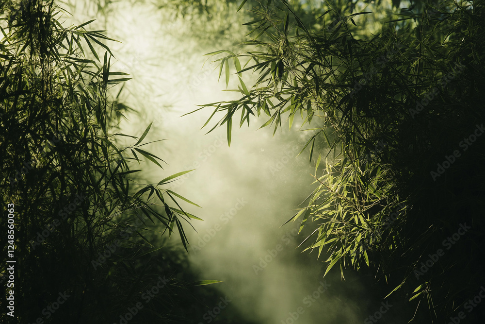 Fototapeta premium Tranquil bamboo forest with soft light and mist during Qingming