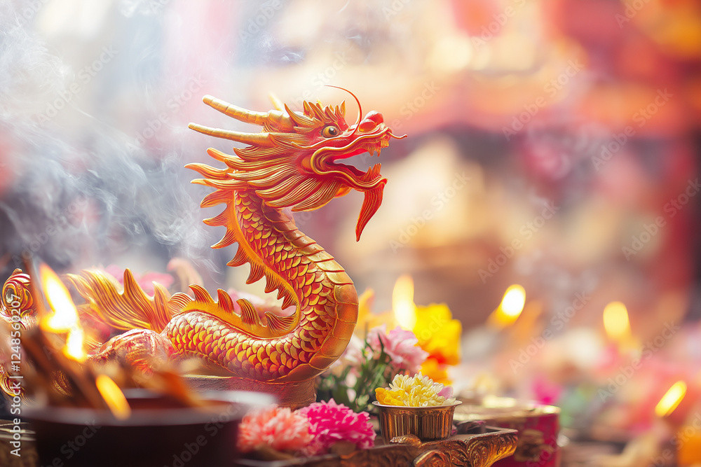 Intricate red and gold dragon symbol at Qingming Festival display Intricate red and gold dragon symbol at Qingming Festival display