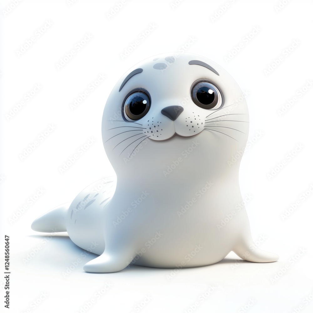 Fototapeta premium Cute baby seal lying on ice, isolated on white background