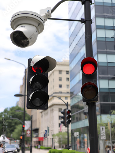 Surveillance camera eyes a bustling intersection; traffic lights regulate the flow of city life. photo