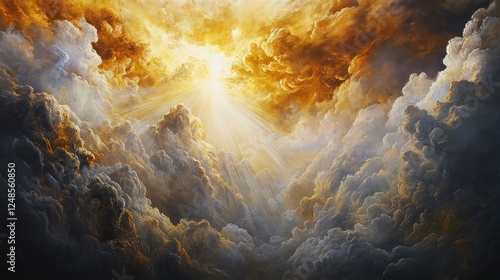 Golden rays pierce dark clouds, heavenly light, spiritual background, faith concept photo