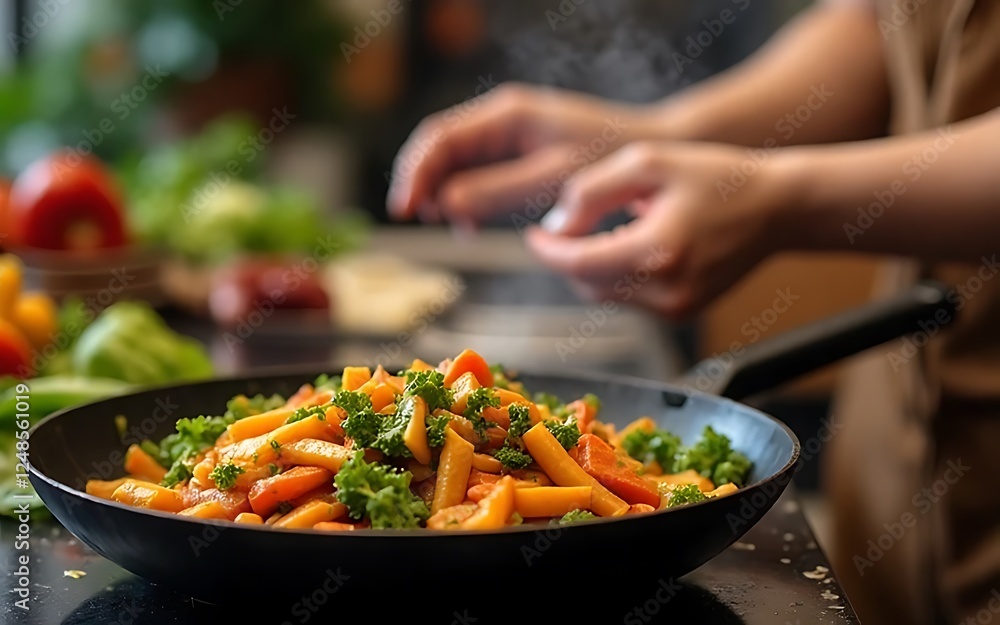 A cozy kitchen scene with a person cooking a colorful vegetable stir-fry, fresh ingredients on the counter. A cozy kitchen scene with a person cooking a colorful vegetable stir-fry, fresh ingredients on the counter.