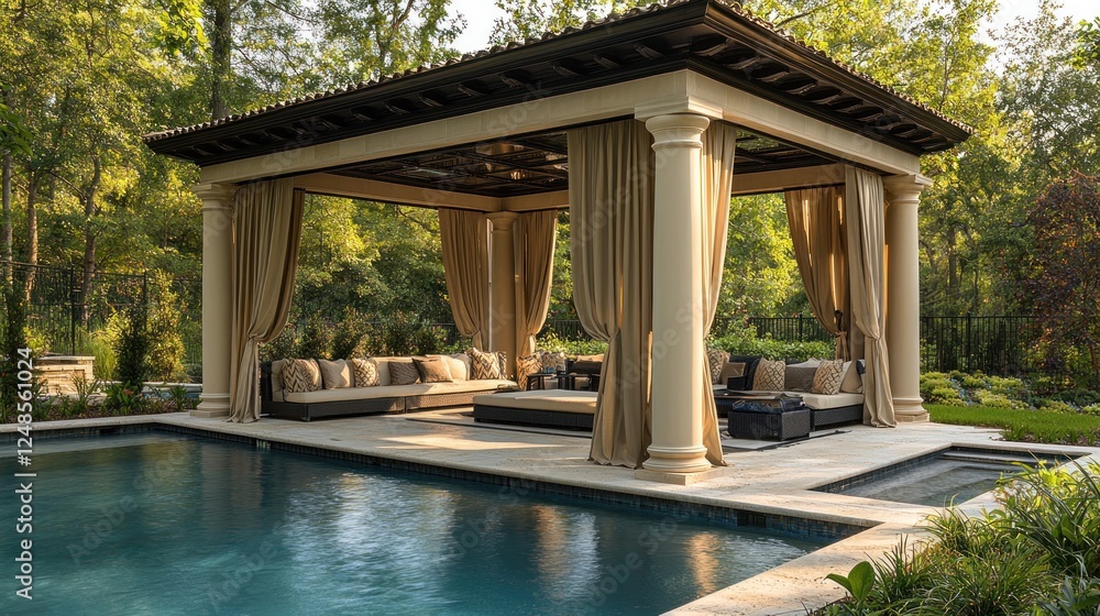 Elegant outdoor pavilion by a serene pool surrounded by lush greenery, perfect for relaxation and leisure activities Elegant outdoor pavilion by a serene pool surrounded by lush greenery, perfect for relaxation and leisure activities