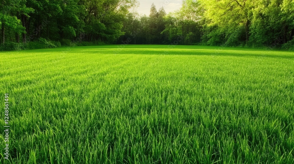 Obraz premium Realistic lush green grass meadow, vibrant fresh blades, soft natural lighting.