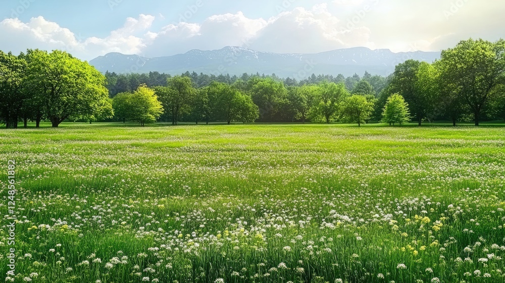Fototapeta premium Realistic lush green grass meadow, vibrant fresh blades, soft natural lighting.