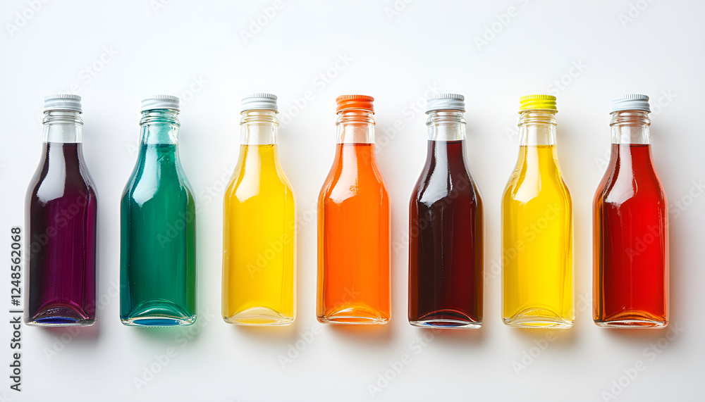 Glass bottles with different food coloring on white background, top view Glass bottles with different food coloring on white background, top view