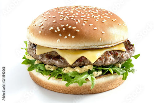 Juicy burger with beef cutlet, cheese and crispy salad, on a white background photo