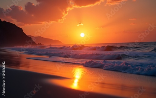 A breathtaking sunset over a tranquil beach, highlighting the waves and reflecting the warm colors of the sky.