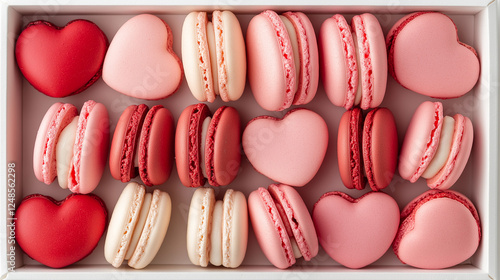 colorful macaroons on a table, heart-shaped pink and red macarons, Valentine's day, dessert