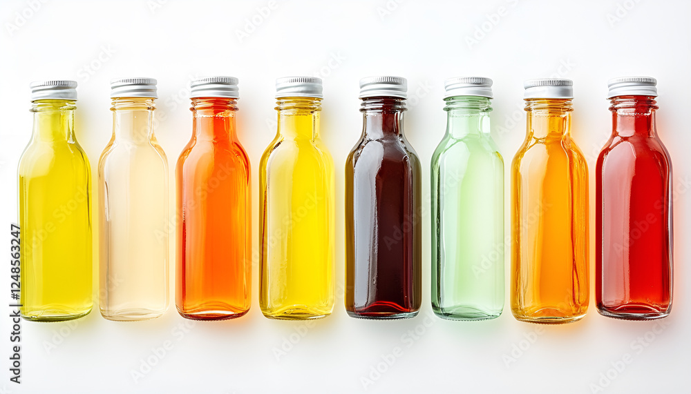 Glass bottles with different food coloring on white background, top view Glass bottles with different food coloring on white background, top view