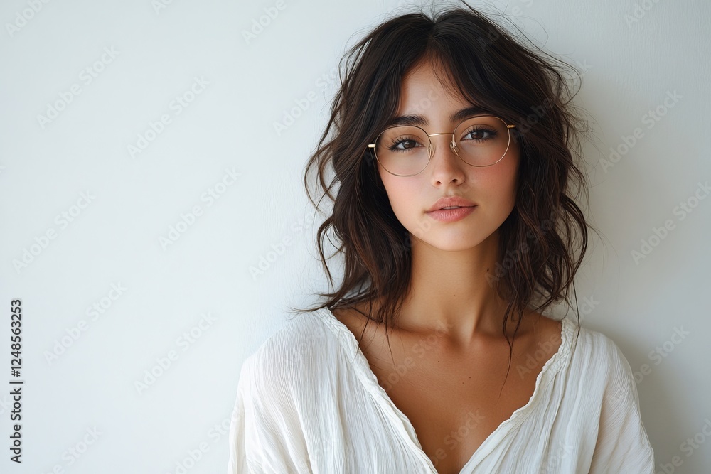 Young woman with wavy hair and glasses poses confidently against a light background Young woman with wavy hair and glasses poses confidently against a light background