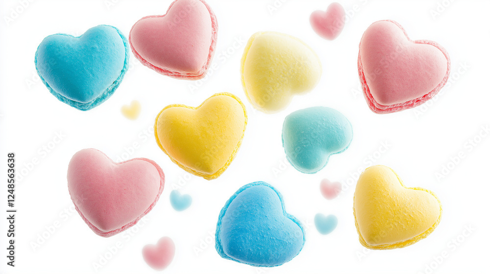 Obraz premium colorful macaroons on a table, heart-shaped pink and red macarons, Valentine's day, dessert