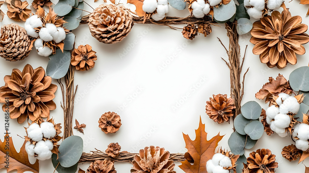 Fototapeta premium Autumnal frame of pine cones, leaves, and cotton