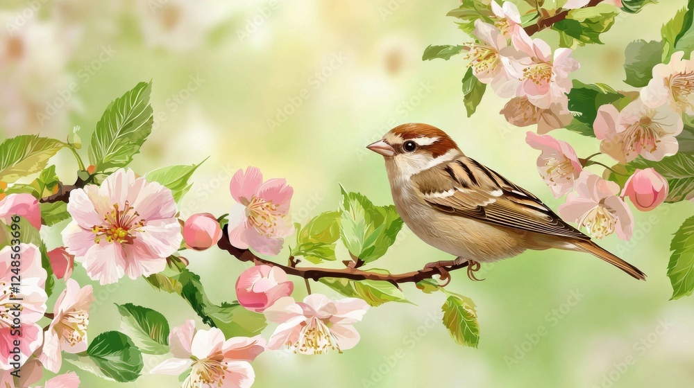 Vibrant Sparrow Flitting Among Blossoms in an Enchanting Spring Setting Vibrant Sparrow Flitting Among Blossoms in an Enchanting Spring Setting