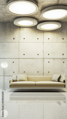 Stunning Modern Concrete Living Room Design with Sleek Sofa and Stylish Lighting