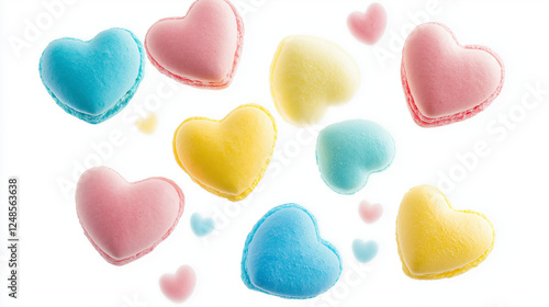 colorful macaroons on a table, heart-shaped pink and red macarons, Valentine's day, dessert