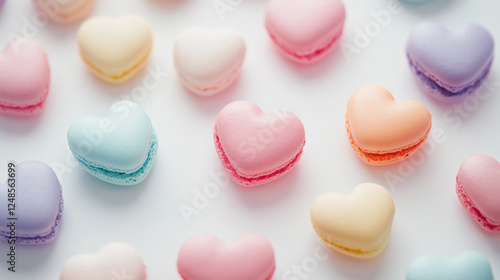 colorful macaroons on a table, heart-shaped pink and red macarons, Valentine's day, dessert