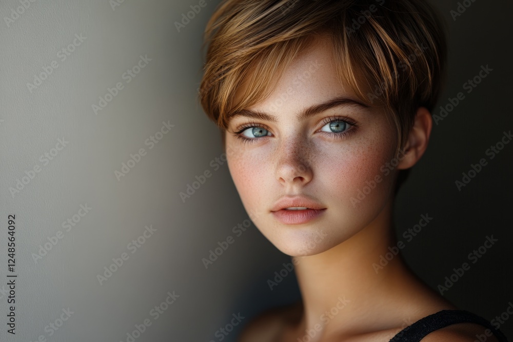 Captivating young woman with striking features and beautiful blue eyes in soft lighting at indoor setting Captivating young woman with striking features and beautiful blue eyes in soft lighting at indoor setting