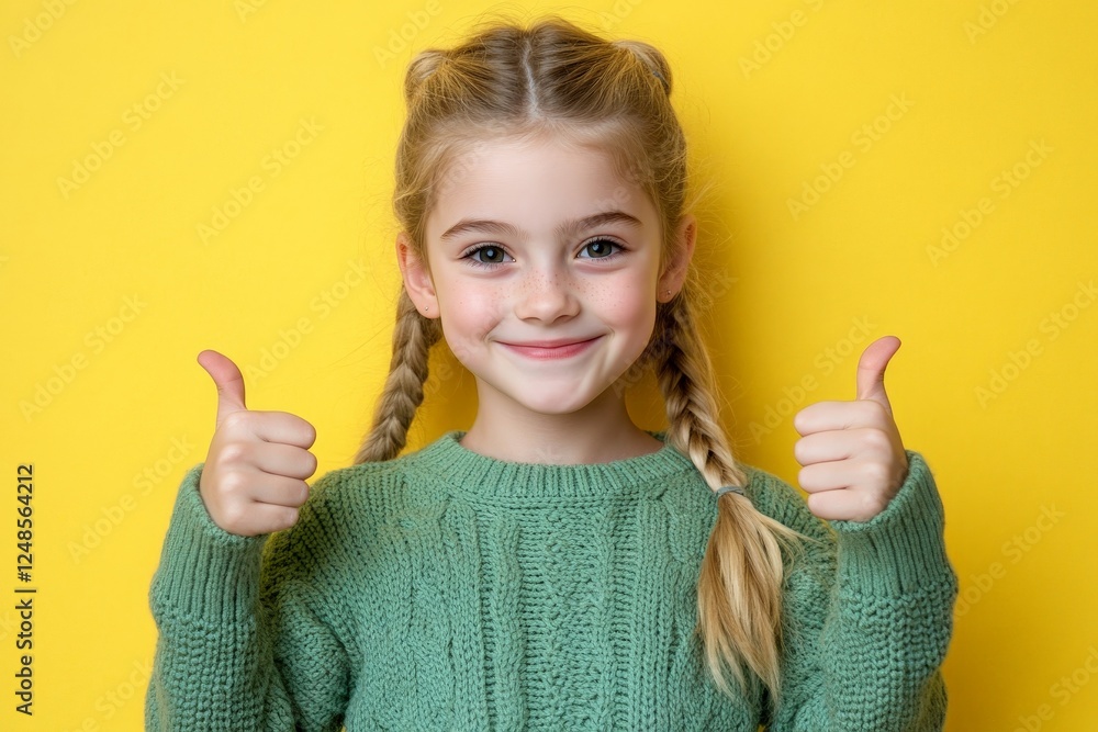 Smiling child with thumbs up expression against bright yellow background in cozy sweater Smiling child with thumbs up expression against bright yellow background in cozy sweater