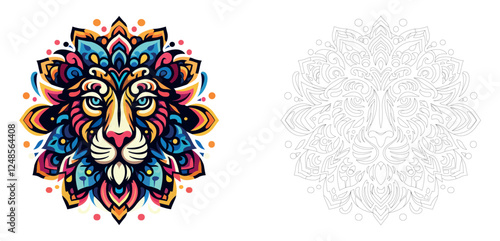 Vector drawing of an lion in mandala style for coloring book, vector illustrations for adults. Anti-stress coloring for adults. Lion in two versions, colored and black and white.