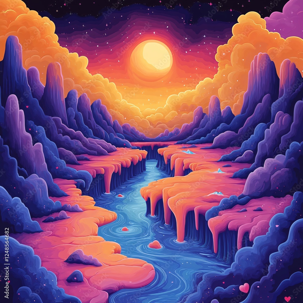 Fototapeta premium A vector illustration of a surrealist landscape where mountains are shaped like melting hearts.