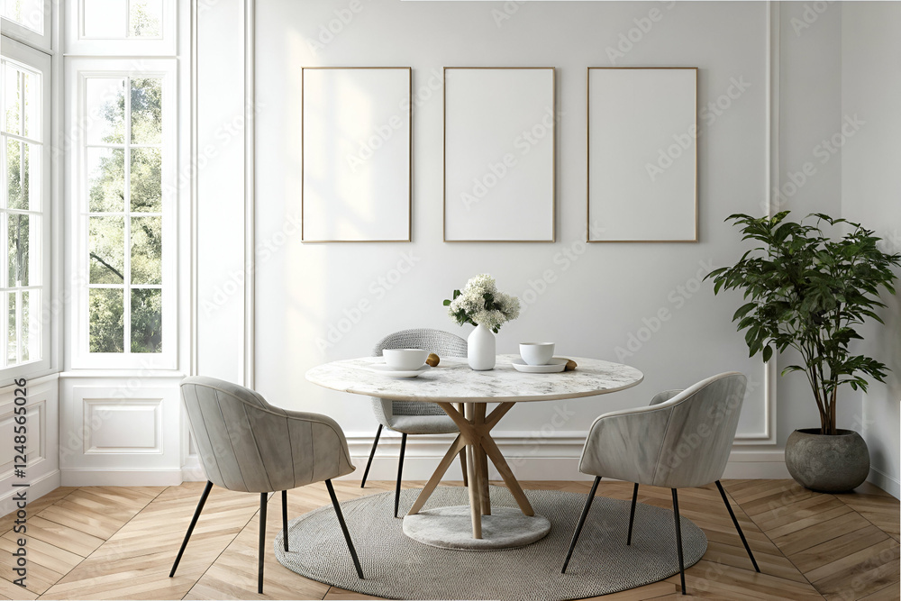 Fototapeta premium A modern dining area featuring a round marble table, stylish chairs, and large windows, creating a bright and inviting atmosphere.