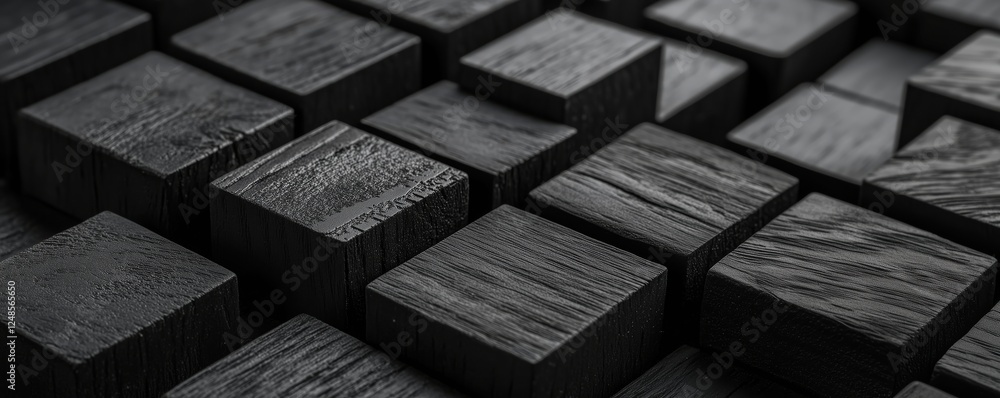 Black wooden cubes arranged in a textured pattern showcasing various finishes and surfaces, copy space for text Black wooden cubes arranged in a textured pattern showcasing various finishes and surfaces, copy space for text