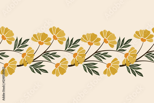 Vintage Floral patterns, seamless background border embroidery, ethnic batik retro. Flower motifs paisley batik. Silhouette watercolor flowers ikat design hand drawn. Vector illustration.