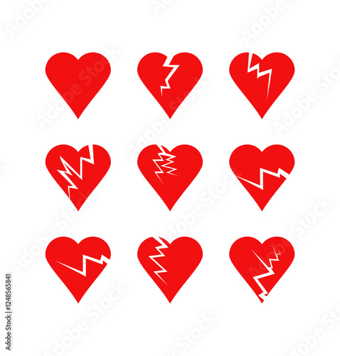 Broken heart vector icons set. Cracked heart symbol. Red Heart broken to two pieces vector illustration icon or logo