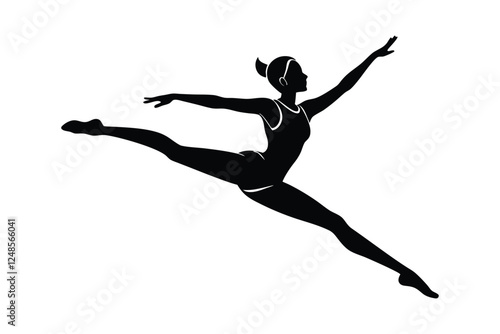 A silhouette vector illustration of a female gymnast performing a split leap.eps