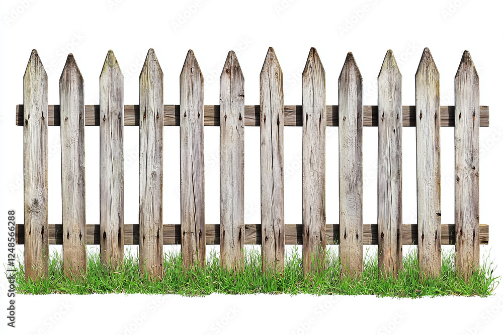 Fototapeta premium Weathered wooden picket fence with green grass in front against a white background, simple and rustic style.