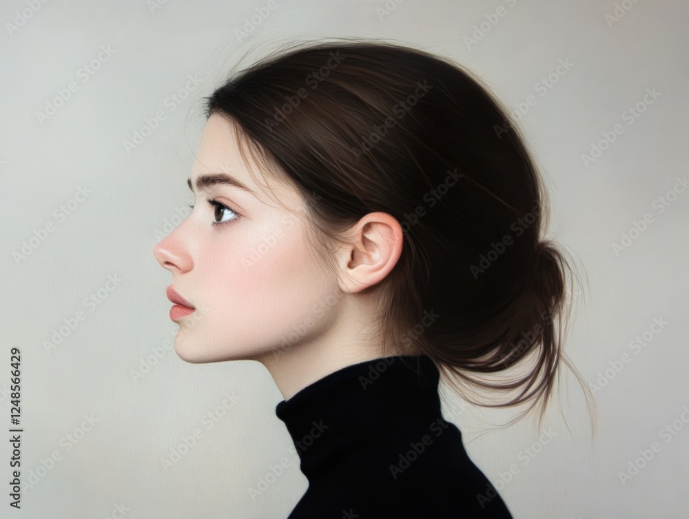 profile view of a woman with dark hair in a bun profile view of a woman with dark hair in a bun