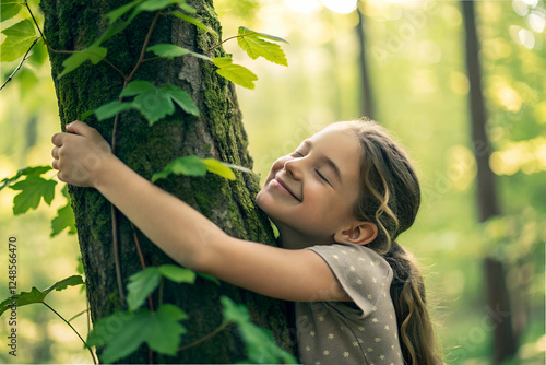 A girl joyfully hugs a tree in a lush green forest, embracing nature with a bright smile and a sense of connection to the environment.