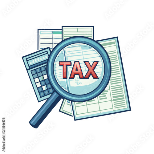 A large, bold red "TAX" is sharply in focus under a magnifying glass, highlighting the financial burden.