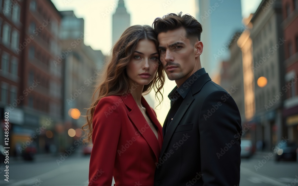 A striking portrait of a couple standing confidently on an urban street, embodying fashion and charisma. A striking portrait of a couple standing confidently on an urban street, embodying fashion and charisma.