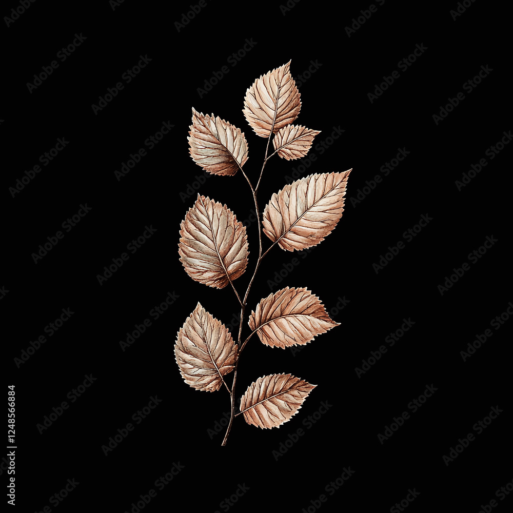 Obraz premium Brown leaves arranged in a single vertical line on a black background, detailed vein pattern.