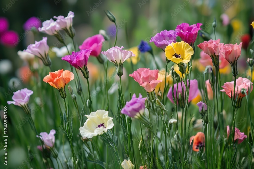 Colorful Blossoms of Lisianthus in a Vibrant Garden Flowerbed Colorful Blossoms of Lisianthus in a Vibrant Garden Flowerbed