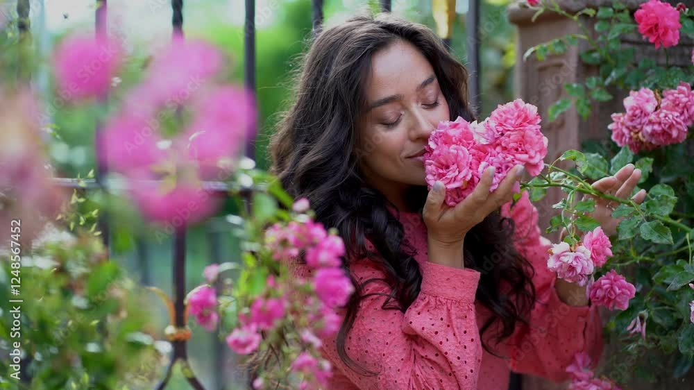 Portrait of beautiful darkhaired curly young woman near pink roses in city park Portrait of beautiful darkhaired curly young woman near pink roses in city park