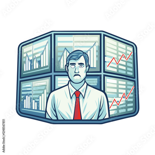 A serious businessman, wearing a red tie, intently studies a stock market screen displaying fluctuating numbers and graphs.  He appears focused and concerned.