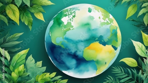 Earth globe surrounded by green leaves on a watercolor background, symbolizing eco-friendliness and environmental awareness.