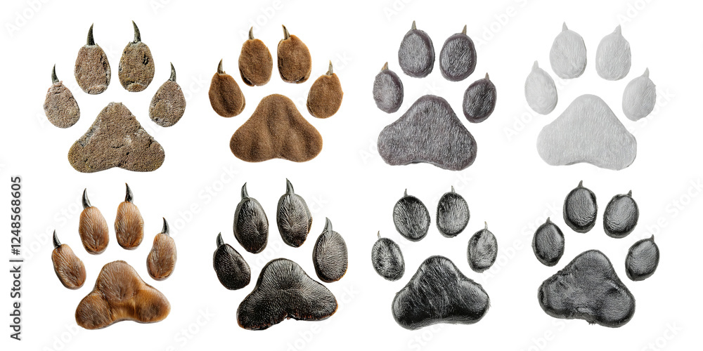 Fototapeta premium Variety of Animal Paw Prints in Different Colors and Textures, isolated on transparent background