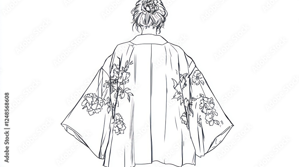 Woman's floral kimono, back view, minimalist line art, fashion illustration Woman's floral kimono, back view, minimalist line art, fashion illustration