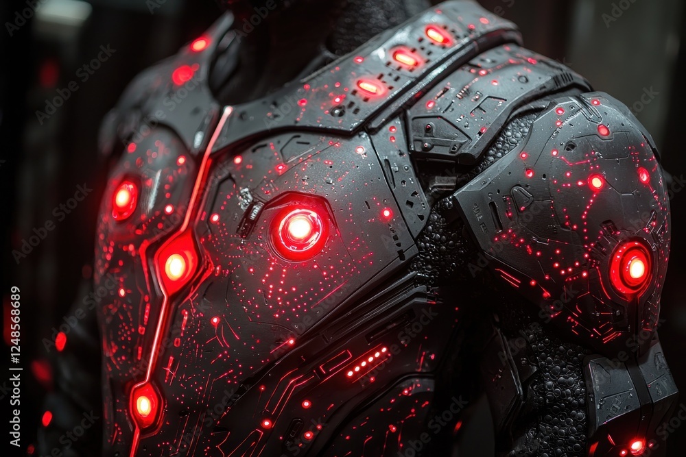 Futuristic armored figure with illuminated details stands in a dark, tech-inspired environment, showcasing advanced design elements Futuristic armored figure with illuminated details stands in a dark, tech-inspired environment, showcasing advanced design elements