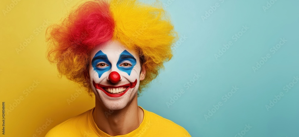 Colorful clown with vibrant yellow and red hair, cheerful face paint, and bright smile against a two-tone background, copy space for text Colorful clown with vibrant yellow and red hair, cheerful face paint, and bright smile against a two-tone background, copy space for text
