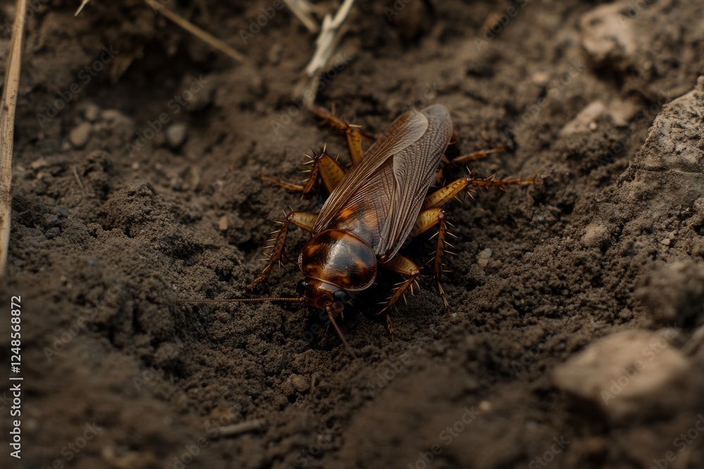 Lifeless Cockroach on Soil Surface: Close-Up of an American Brown Bug in a Natural Setting Lifeless Cockroach on Soil Surface: Close-Up of an American Brown Bug in a Natural Setting