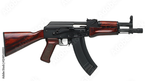 AK-47 with Wooden Stock: A close-up shot of an AK-47 rifle with a distinctive wooden stock, showcasing its intricate details and imposing presence.