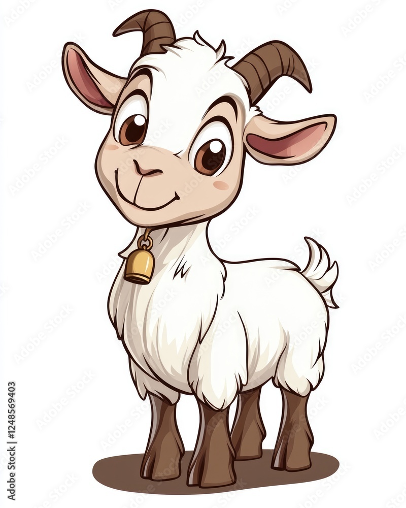 Adorable Cartoon Goat on a Farm with a Bell - Whimsical Illustration of a Playful Pet Mammal Adorable Cartoon Goat on a Farm with a Bell - Whimsical Illustration of a Playful Pet Mammal