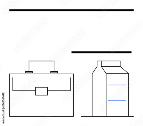 Briefcase and milk carton drawn in abstract line art style, framed by bold horizontal lines. Ideal for business, work-life balance, minimalism, daily essentials, career, food supply, abstract line