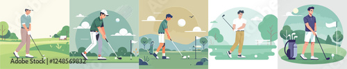 vector set of a young man playing golf