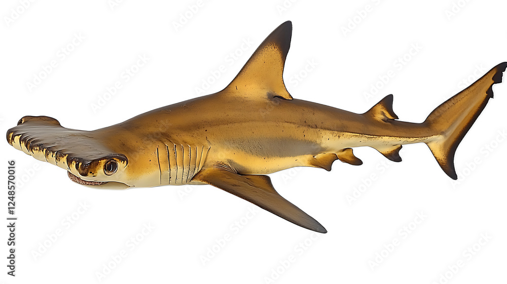 Fototapeta premium Hammerhead Shark Close-up: A majestic hammerhead shark with its distinctive flattened head and rows of teeth is isolated against a clean, white background. Its sleek.